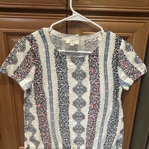 Ann Taylor Loft White Striped Floral Short Sleeve Top